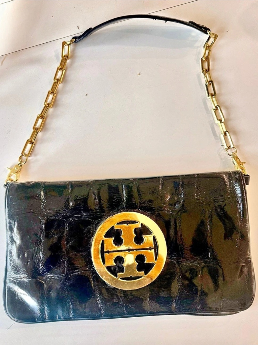 Tory Burch Shoulder Bag Black Patent Gold-Tone Chain